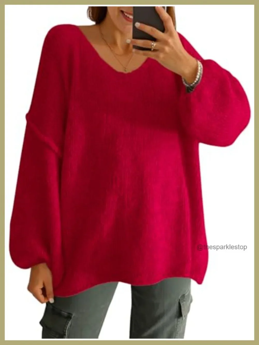 Women's Oversized V-Neck Chunky Lantern Sleeve Knit Pullover Sweater Tunic